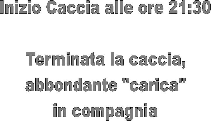 Inizio Caccia alle ore 21:30

Terminata la caccia,
abbondante "carica"
in compagnia presso il
Centro Sociale per Anziani
Via Sacchetti a Vigevano